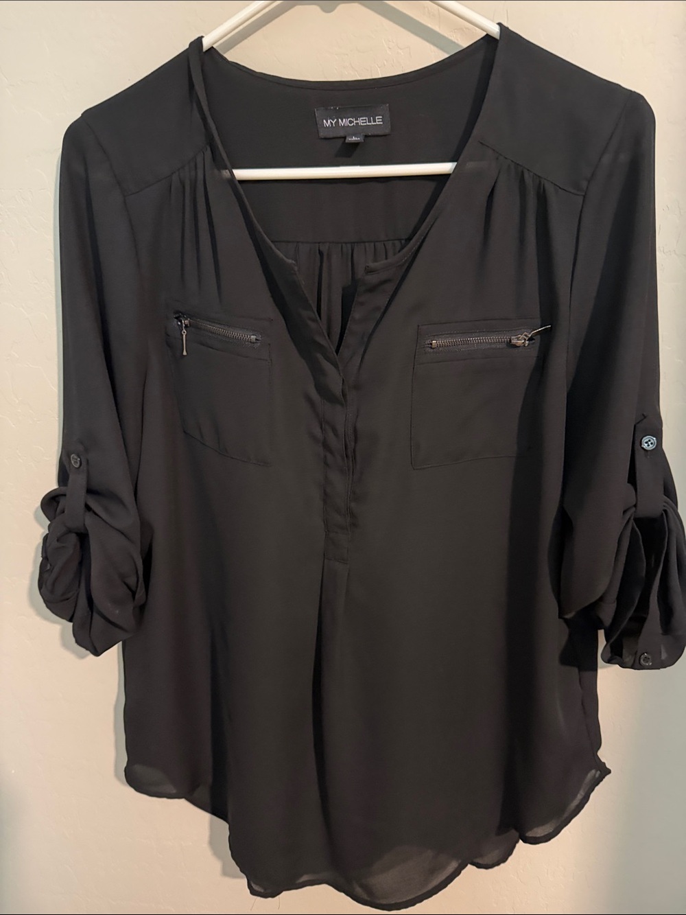 My Michelle Black V-Neck Roll-Tab Sleeve Blouse with Zip Pockets